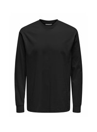 Langärmliges schwarzes T-Shirt aus Baumwolle, mit Rundhalsausschnitt, normaler Passform und gerippten Bündchen. Glatte Textur, ohne Muster oder Logos.