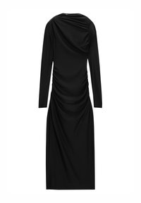Robe noire à manches longues avec un design drapé et des détails froncés sur les côtés, silhouette arrivant au genou. Texture de tissu lisse.