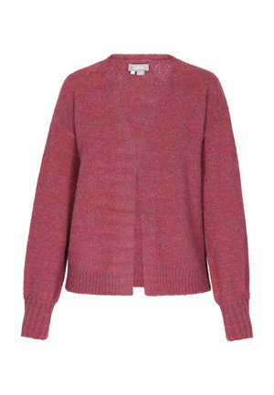 Růžový pletený cardigan s V-výstřihem, otevřeným předním dílem a dlouhými rukávy. Disponuje žebrovanými manžetami a lemem pro zvýšení textury.