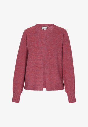 Rose-colored, knitted cardigan with a V-neck, open front, and long sleeves. Features ribbed cuffs and hem for added texture.