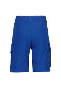 Blue cotton cargo shorts with an elastic waistband, side pockets, and a back pocket. Smooth texture and casual design suitable for everyday wear.