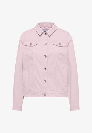Giacca rosa chiaro con bottoni, due tasche a pattina sul petto, tasche laterali, maniche lunghe e colletto classico, mostrata su sfondo bianco.