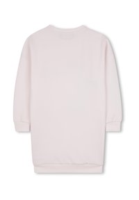 Robe-sweat rose clair avec un col rond, des manches longues et un ourlet côtelé. Texture douce avec une coupe décontractée. Aucun motif ou détail visible.