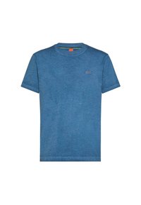 T-shirt blu a maniche corte con collo rotondo, realizzata in tessuto morbido, con un piccolo logo sul petto e una superficie liscia.