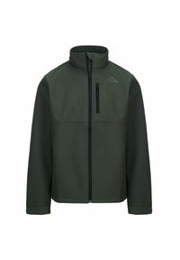 Giacca softshell verde scuro con colletto alto, zip frontale completa e tasca sul petto con zip. Presenta una texture liscia e accenti neri a contrasto.