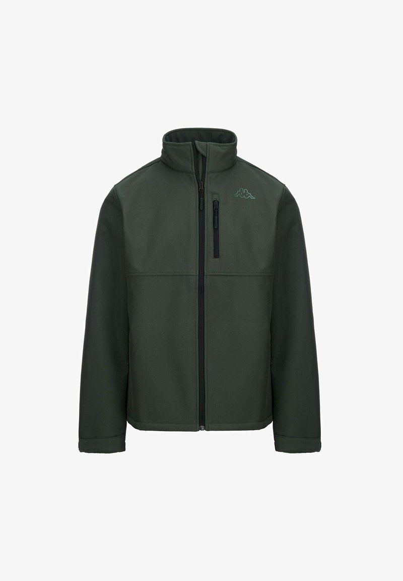 Giacca softshell verde scuro con colletto alto, zip frontale completa e tasca sul petto con zip. Presenta una texture liscia e accenti neri a contrasto.
