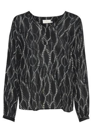 Pulover negru cu mânecă lungă, având un model texturat alb care seamănă cu linii intercalate. Guler rotund simplu, croi lejer și mâneci cu manșete.