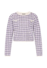 Lila és fehér kockás rövidített pulóver, hosszú ujjakkal, kerek nyakkal és két kis mellszájt zsebbel, gombos díszítéssel.