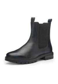 Sort Chelsea-støvle i læder med elastiske sidepaneler, trækstropper og kraftig sål med mønster for holdbart greb.