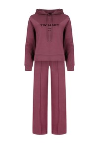 Mauve mikina s kapucňou a široké nohavice set, s čiernym logom "TW NSET", vyrobené z mäkkého, štruktúrovaného materiálu, s šnúrkami.