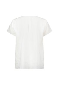 Weißes Leinenoberteil mit kurzen Ärmeln und geradem Schnitt, ausgestattet mit einem dezenten Rückeneinsatz und einer leichten Textur. Keine sichtbaren Muster oder Beschläge.