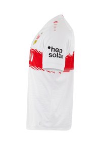 Maglia da calcio bianca con una striscia rossa orizzontale e loghi testuali. Realizzata in tessuto traspirante con pattern testurizzati sottili. Maniche corte.