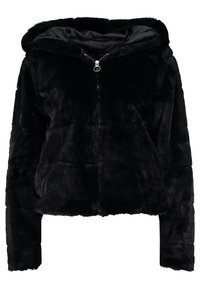 Chaqueta corta de piel sintética negra con capucha, cierre frontal con cremallera y mangas largas. Textura suave con detalles acolchados en el cuerpo.