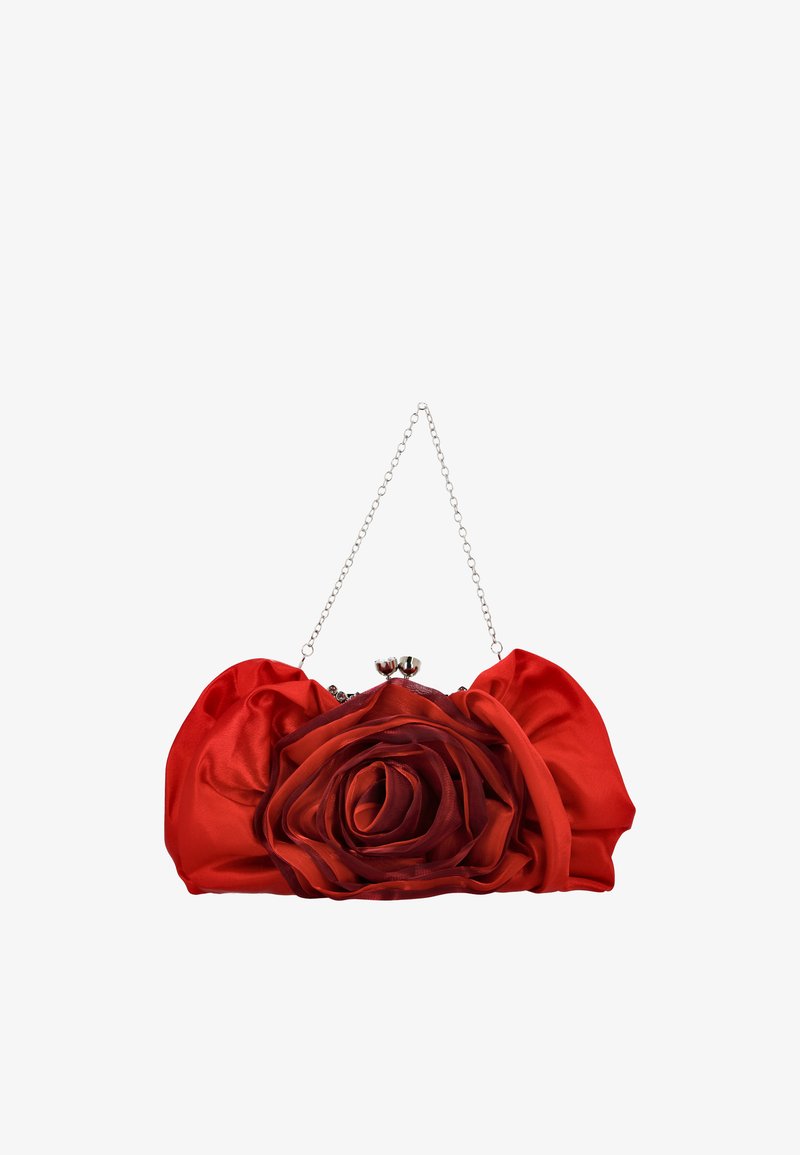 Rød satin clutch med en stor rosedetalje på forsiden, sølvkæde, og en låsebeslag. Glat tekstur med lagdelte kronblade.