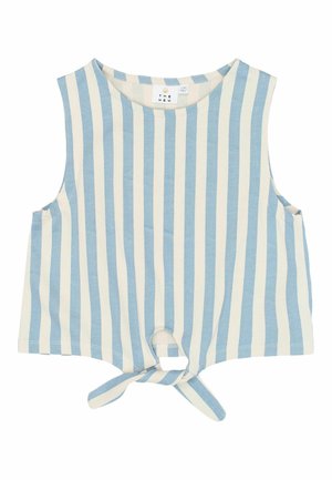 Svetlomodrý a krémový pruhovaný tielko bez rukávov s okrúhlym výstrihom a predným uzlom, vyrobené z mäkkej bavlnenej látky.