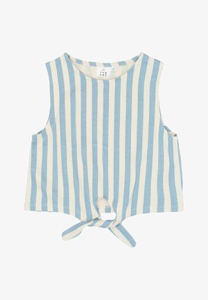 Lyseblå og cremefarvet stribet ærmeløs top med rund halsudskæring og en knotdetalje foran, lavet af blødt bomuldsmateriale.