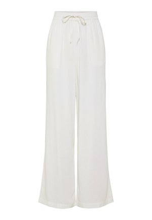 Pantaloni bianchi a gamba larga realizzati in un tessuto leggero, con vita elastica e coulisse, e due tasche laterali.