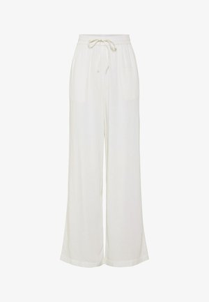 Valged laiad püksid, mis on valmistatud kerge kangast, millel on elastne vöökoht ja nöör, ning kaks küljetaskut.