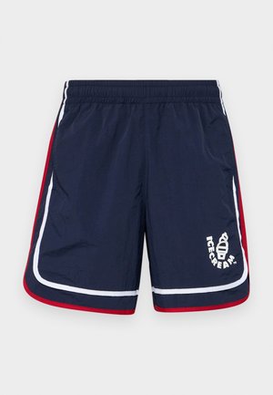 Navy blue swim shorts with white and red side stripes, elastic waistband, and a logo featuring an ice cream cone on the front.