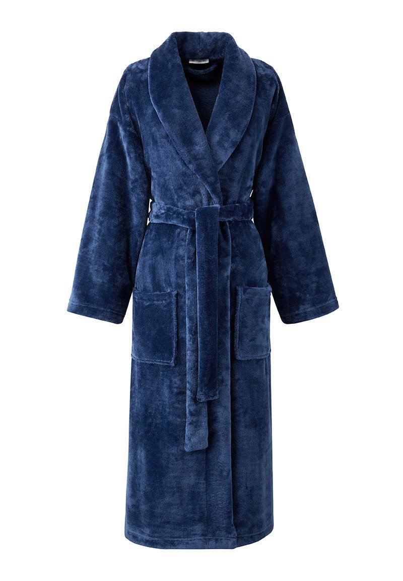 Robe de bain en polaire bleu marine avec des manches longues, un col châle, une ceinture nouée à la taille et deux poches avant. Matériau doux et texturé.