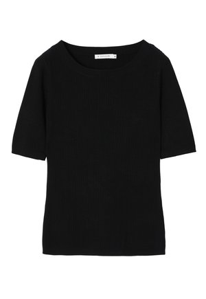 Czarny prążkowany t-shirt z okrągłym dekoltem i krótkimi rękawami. Prosty design, miękka tekstura i elastyczny materiał dla wygody.