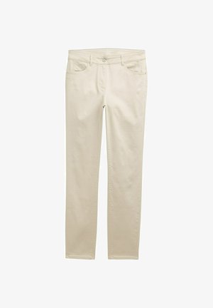 Beige Baumwollhose mit geradem Beinschnitt, fünf Taschen und Knopfverschluss. Weiche Textur und minimalistische Nähte.