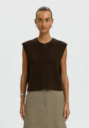 Femme aux cheveux tirés en arrière portant un pull sans manches marron foncé boutonné et une jupe à carreaux sur un fond uni.