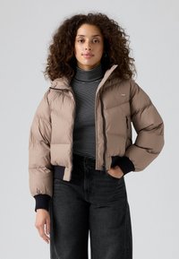 Chaqueta acolchada corta beige con capucha, cierre de cremallera y puños acanalados. Lleva puesta una camiseta de cuello alto a rayas blanco y negro, que cuenta con un bolsillo lateral.