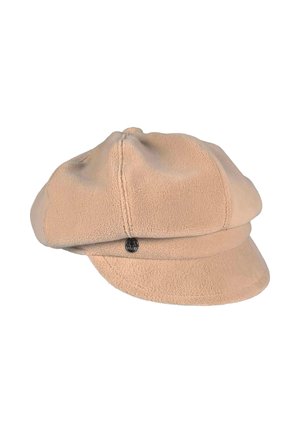 Beige fleece cap with a rounded crown, wide brim, and a decorative black button accent on the side. Soft texture and casual design.