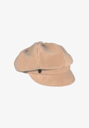 Beige fleece cap with a rounded crown, wide brim, and a decorative black button accent on the side. Soft texture and casual design.