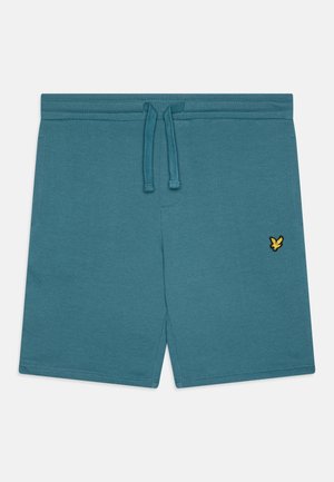 Blau-grüne Shorts mit Kordelzug und kleinem gelbem Vogel-Logo auf der unteren rechten Seite.