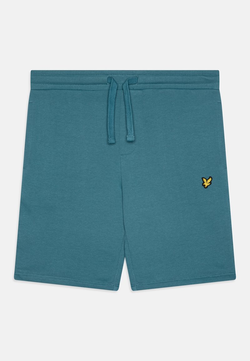 Short bleu-vert à cordon avec un petit logo oiseau jaune en bas à droite.