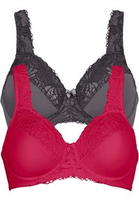 Deux soutiens-gorge : l'un rose avec des détails en dentelle et un nœud au centre, l'autre gris avec des bonnets en dentelle. Les deux ont des bretelles réglables et une finition lisse.