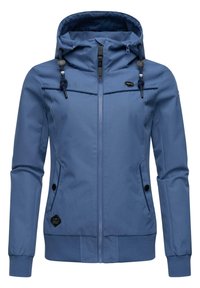 Modra zip-up jakna s kapuco, ki ima gladko teksturo, nastavljive vrvice in stranske žepe. Vključuje kontrastne šive.