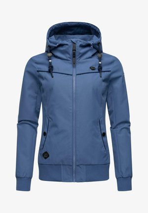 Plava jakna s patentnim zatvaračem i kapuljačom, s glatkom teksturom, podesivim vezicama i bočnim džepovima. Sadrži kontrastne detalje šivanja.