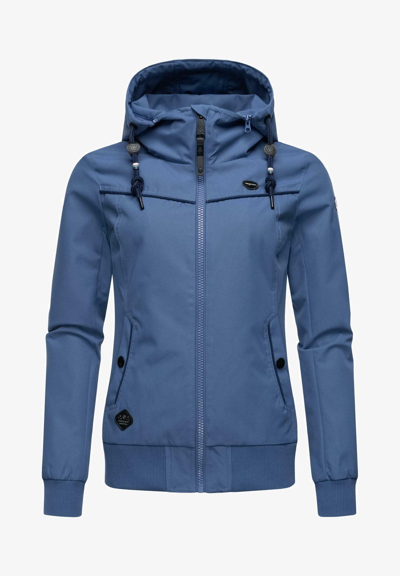 Modra zip-up jakna s kapuco, ki ima gladko teksturo, nastavljive vrvice in stranske žepe. Vključuje kontrastne šive.