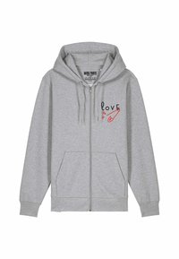 Felpa grigia con zip realizzata in tessuto morbido, con una grafica frontale che riporta la scritta "love" accompagnata da una spilla da balia rossa, e due tasche frontali.