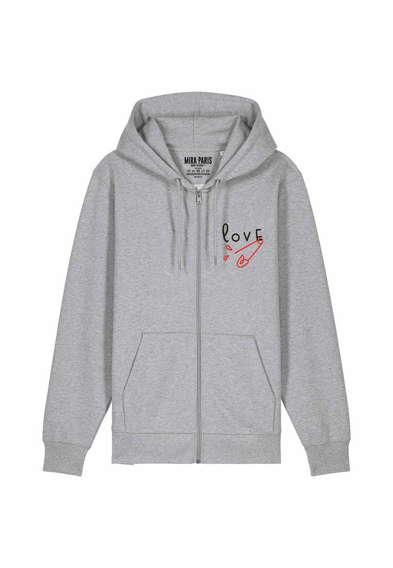 Felpa grigia con zip realizzata in tessuto morbido, con una grafica frontale che riporta la scritta "love" accompagnata da una spilla da balia rossa, e due tasche frontali.