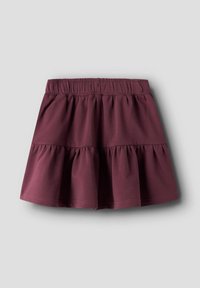 Bordová tiered sukně vyrobená z měkké, elastické tkaniny. Má elastický pas pro pohodlí a volánový, rozšířený design.