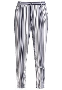 Marinblå och vita randiga byxor med åtsittande midja, sömlig front och smalnade ben. Tillverkade av ett lätt material med en slät yta.