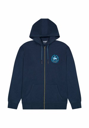 Navy zip-up hoodie made of cotton, featuring a front graphic, drawstring hood, and kangaroo pockets. Smooth texture with ribbed cuffs.