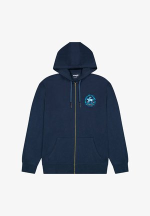Sudadera con cremallera en color navy, fabricada en algodón, presenta un gráfico frontal, capucha con cordones y bolsillos tipo canguro. Textura suave con puños de canalé.