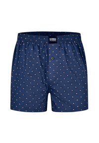 Námořnické modré boxerky s elastickým pasem a malými béžovými puntíky, s předním knoflíkem a štítkem Happy Shorts.
