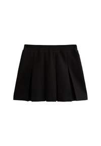 Jupe plissée noire avec une taille ajustée, fabriquée en tissu lisse. Présente des plis nets qui créent une silhouette évasée.