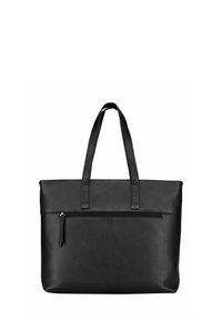 Sac cabas en cuir noir avec deux longues poignées, forme rectangulaire, poche zippée à l'avant et surface à texture lisse.