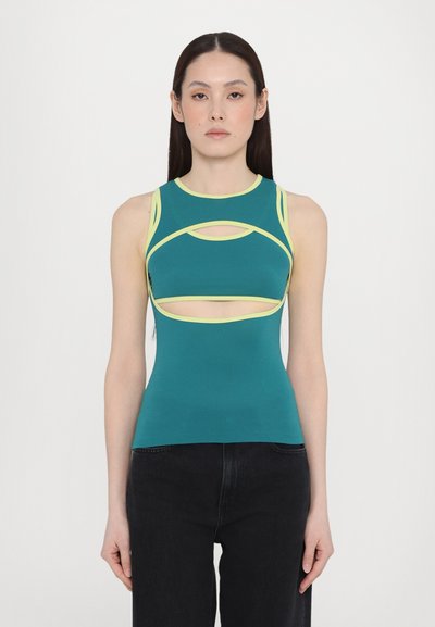 Teal sleeveless top with yellow accents, featuring cut-out details and a fitted design. Soft, stretchy fabric with a smooth texture.