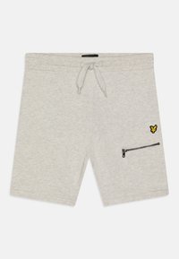 Lichtgrijze katoenen shorts met een trekkoord in de taille, voorzien van een ritszak met zwarte hardware en een kleine gele vlinder broderie.
