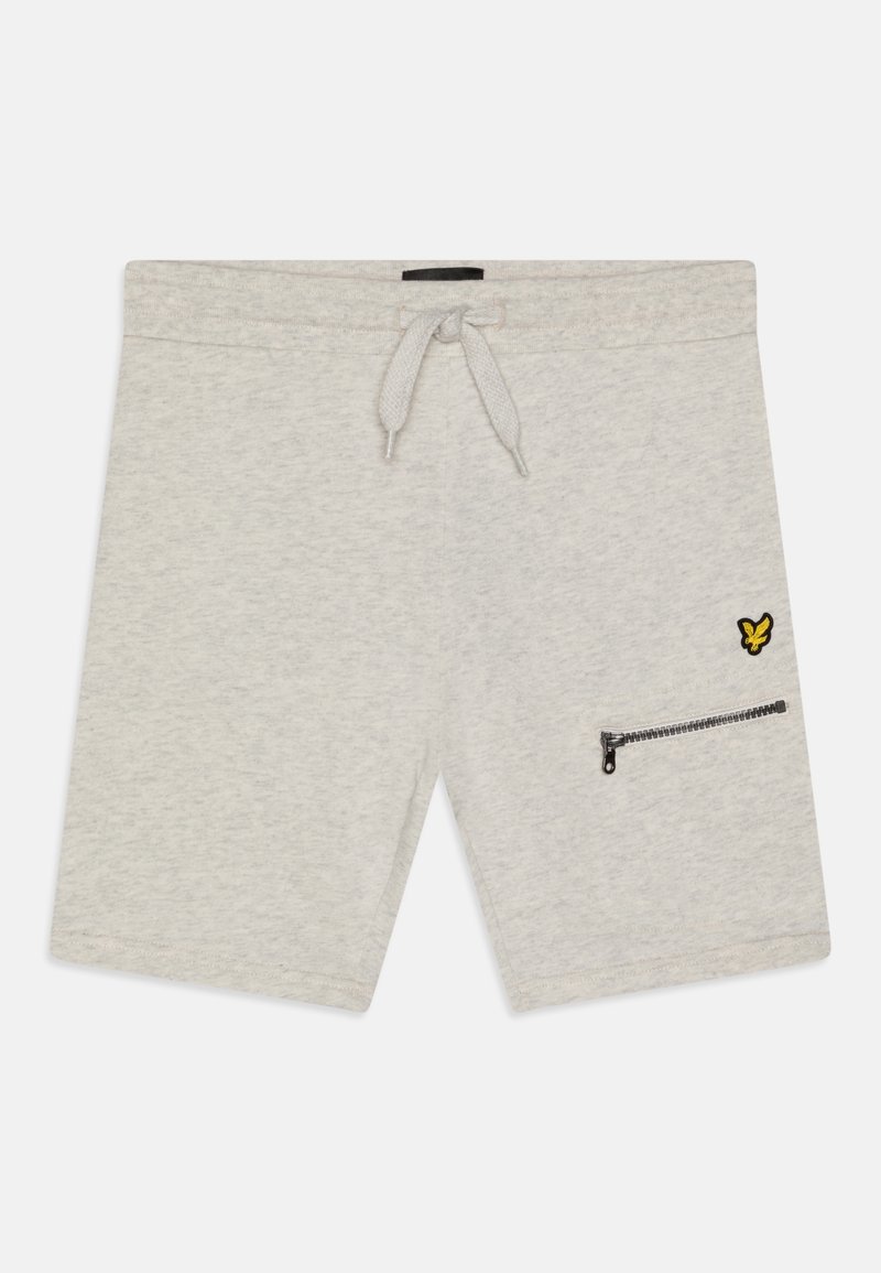 Lichtgrijze katoenen shorts met een trekkoord in de taille, voorzien van een ritszak met zwarte hardware en een kleine gele vlinder broderie.