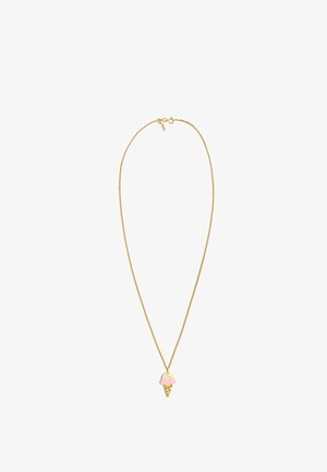Halskette in goldfarbener Ausführung mit einem Anhänger in Form einer rosa und grünen Eistüte, der ein strukturiertes Waffelcone-Design aufweist. Glatte Kette mit Verschluss.