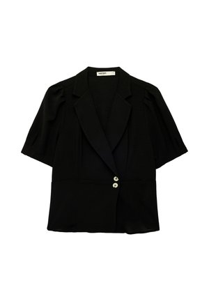 Schwarzer Blazer mit kurzen Ärmeln und Reverskragen, zwei vorderen Knöpfen und leichten Falten an den Schultern, flach auf weißem Hintergrund liegend.